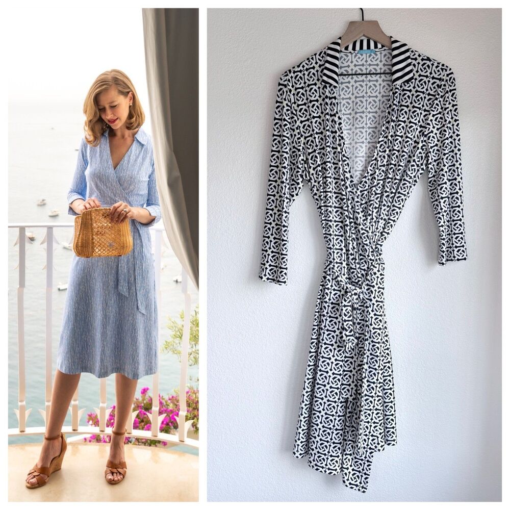 J.McLaughlin Womens Navy White Lattice Geometric Wrap Dress Catalina Cloth EUC L